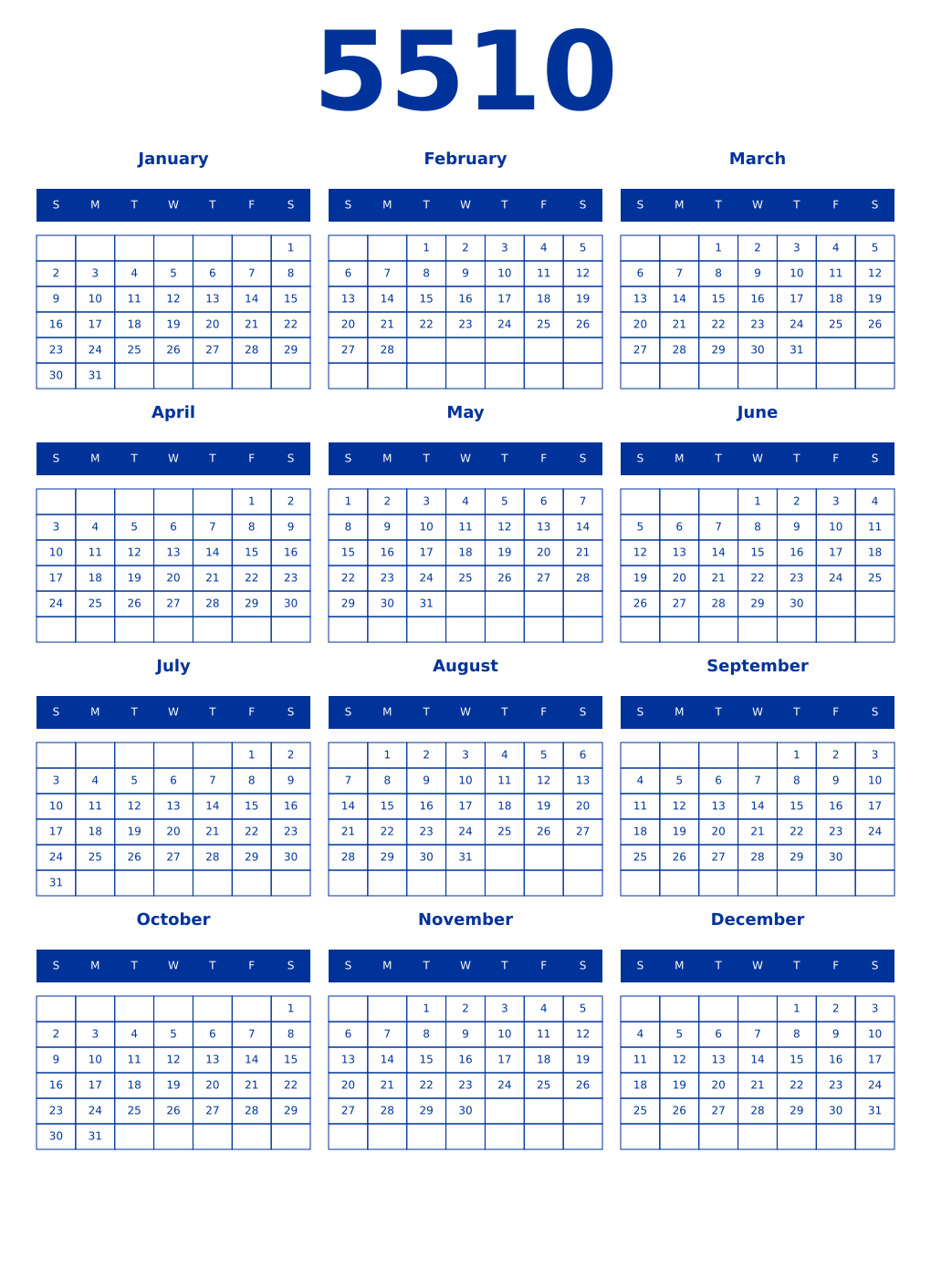 Printable 5510 Year Calendars smalt