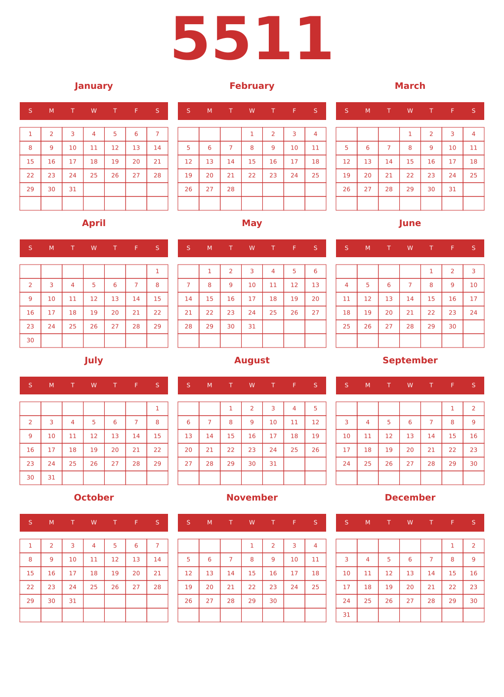 Printable 5511 Year Calendars red