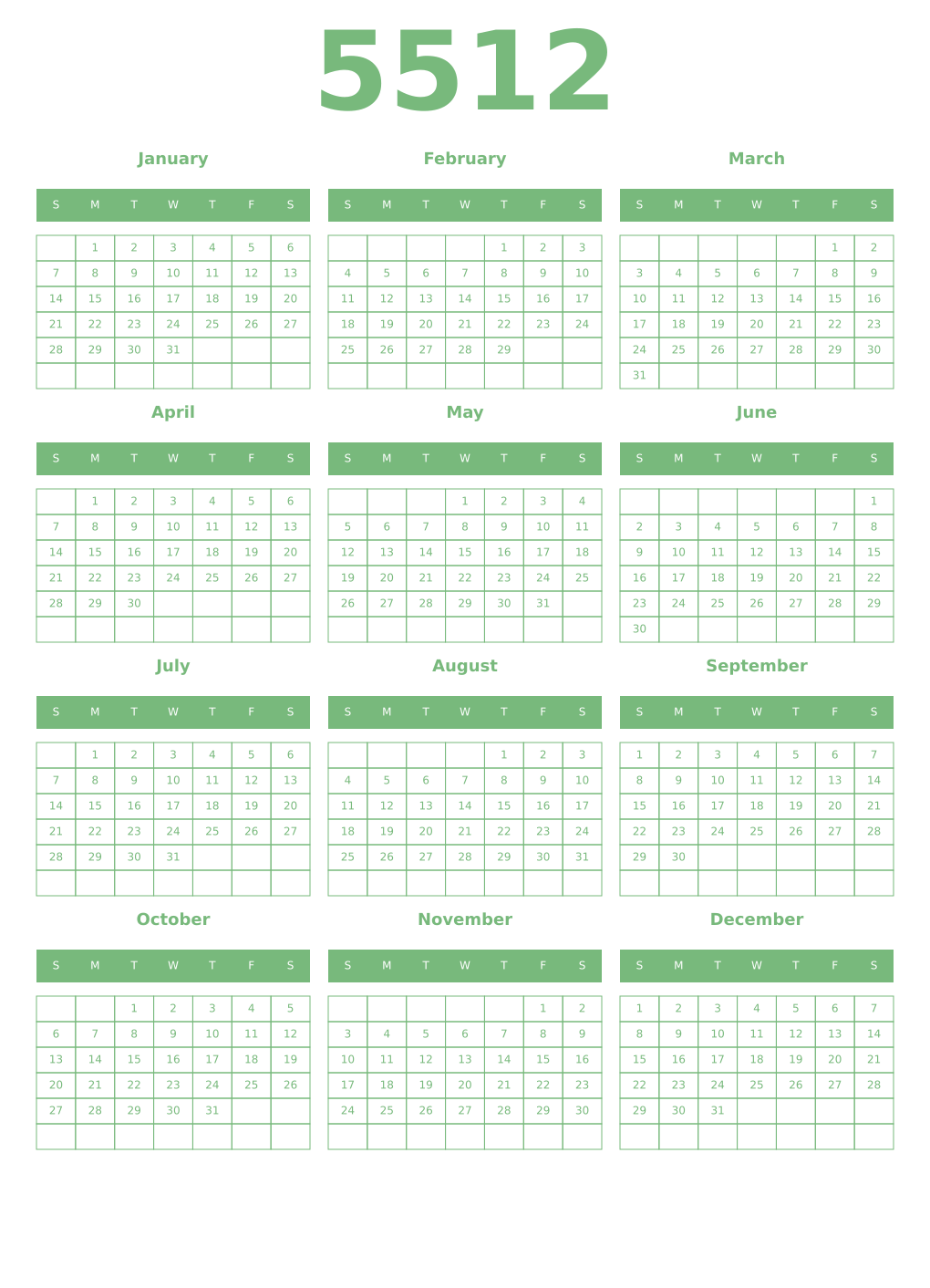 Printable 5512 Year Calendars celadon