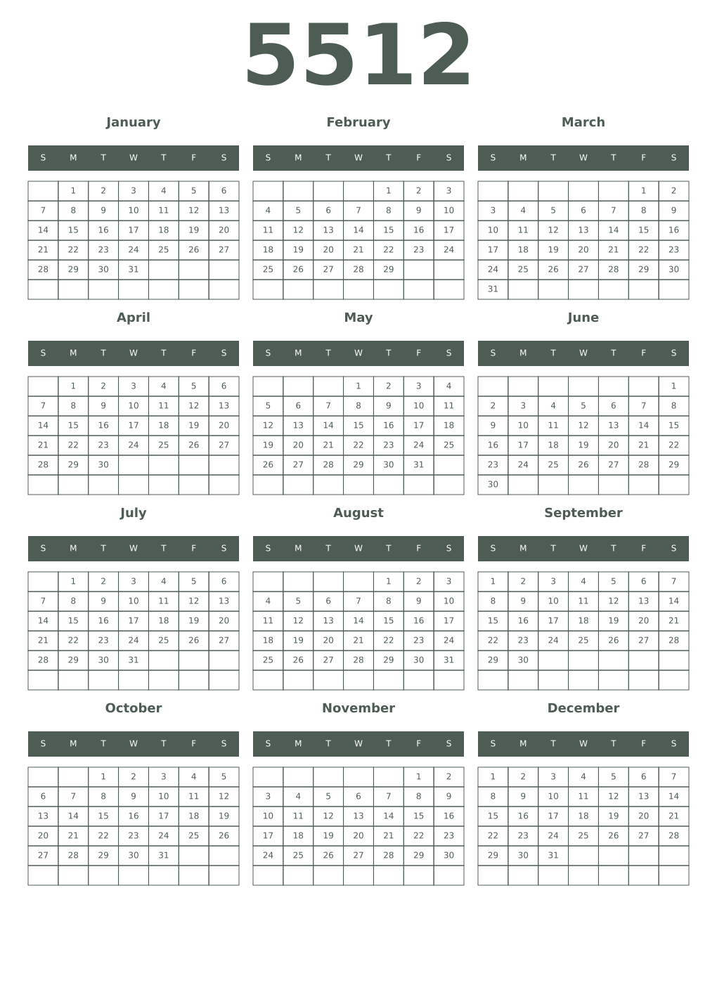 Printable 5512 Year Calendars feldgrau