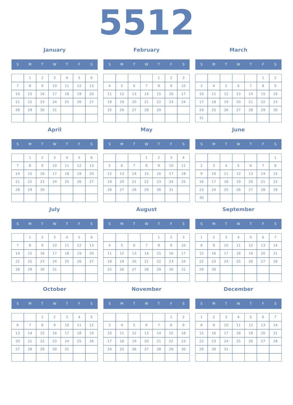 Printable 5512 Year Calendars glaucous