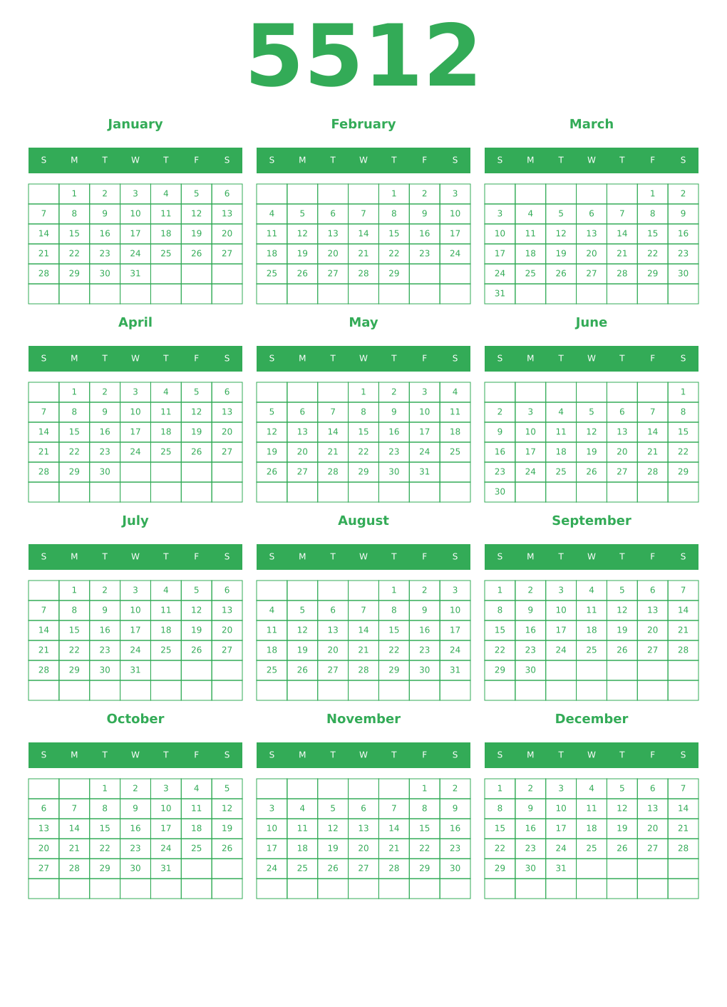 Printable 5512 Year Calendars green