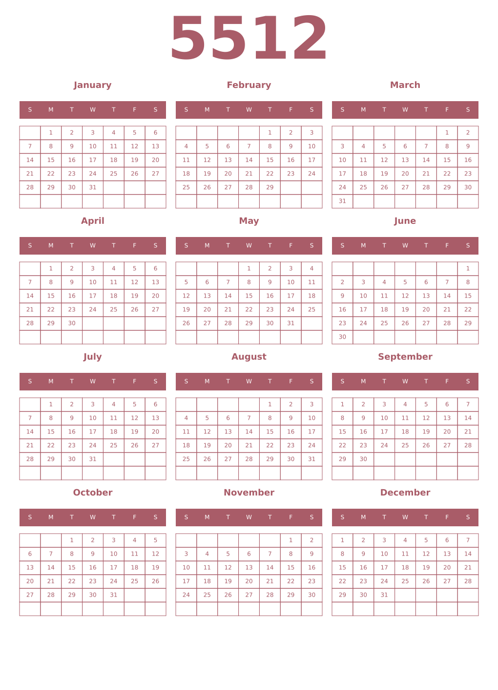 Printable 5512 Year Calendars puce
