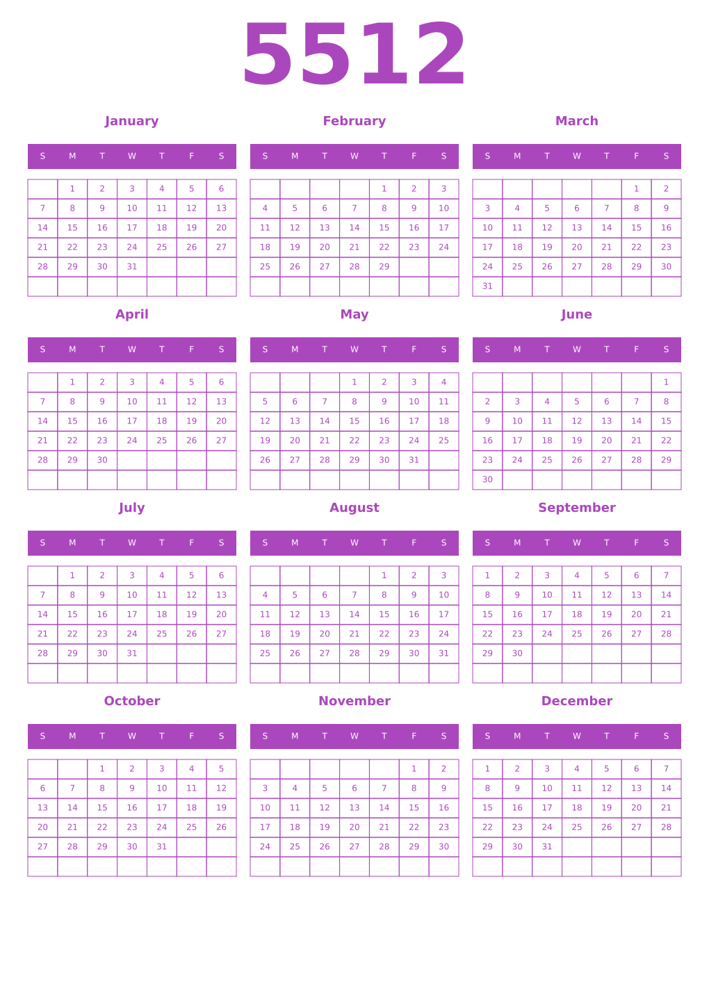 Printable 5512 Year Calendars purple