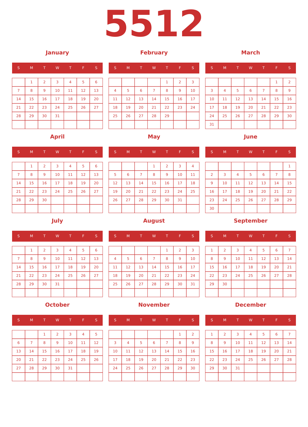 Printable 5512 Year Calendars red