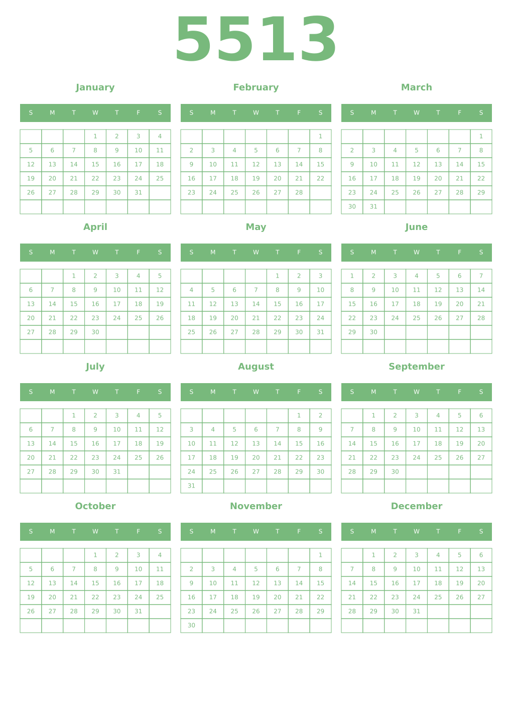Printable 5513 Year Calendars celadon