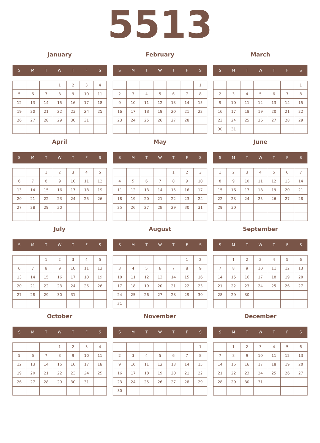 Printable 5513 Year Calendars coffe