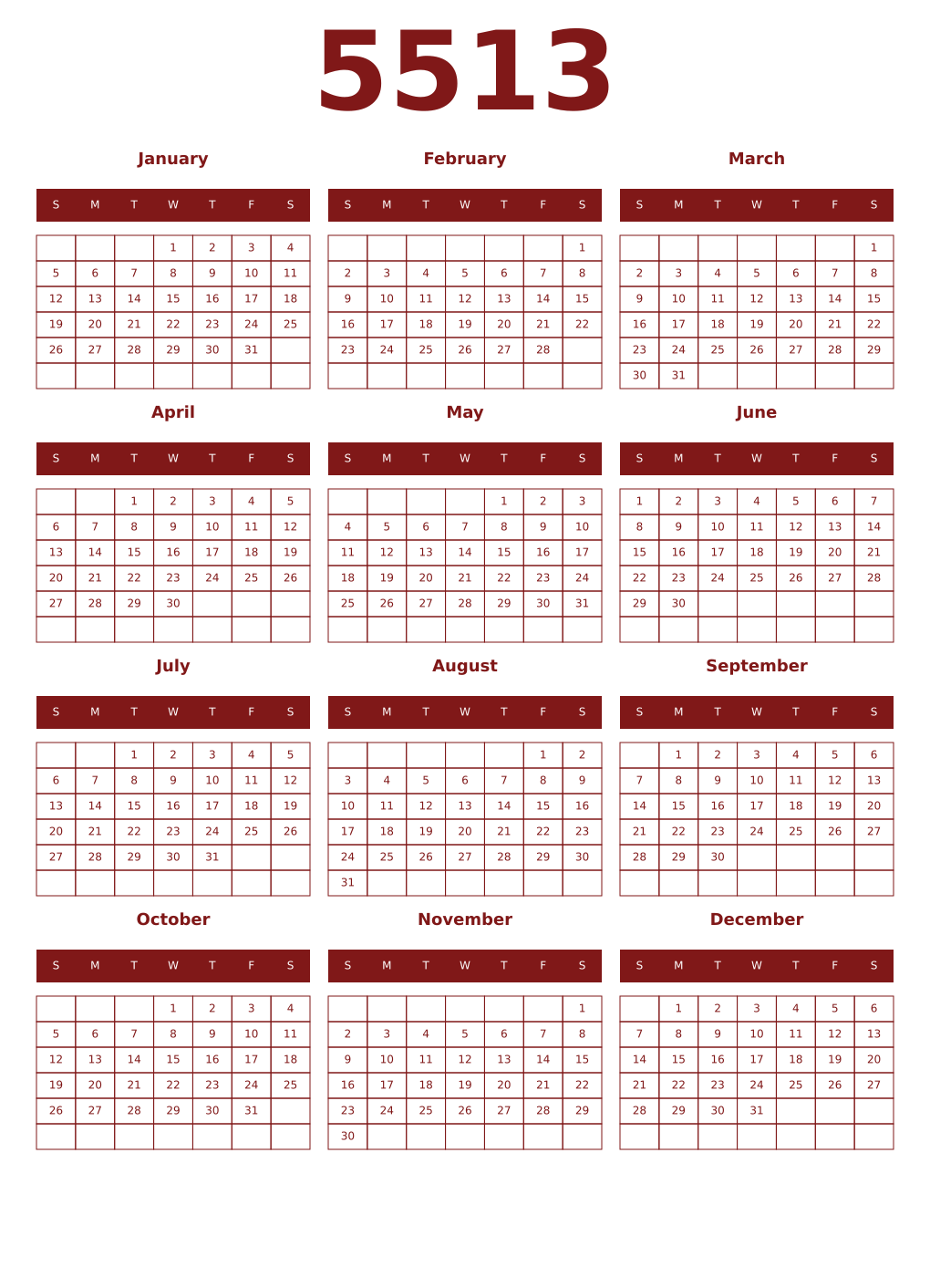 Printable 5513 Year Calendars falu