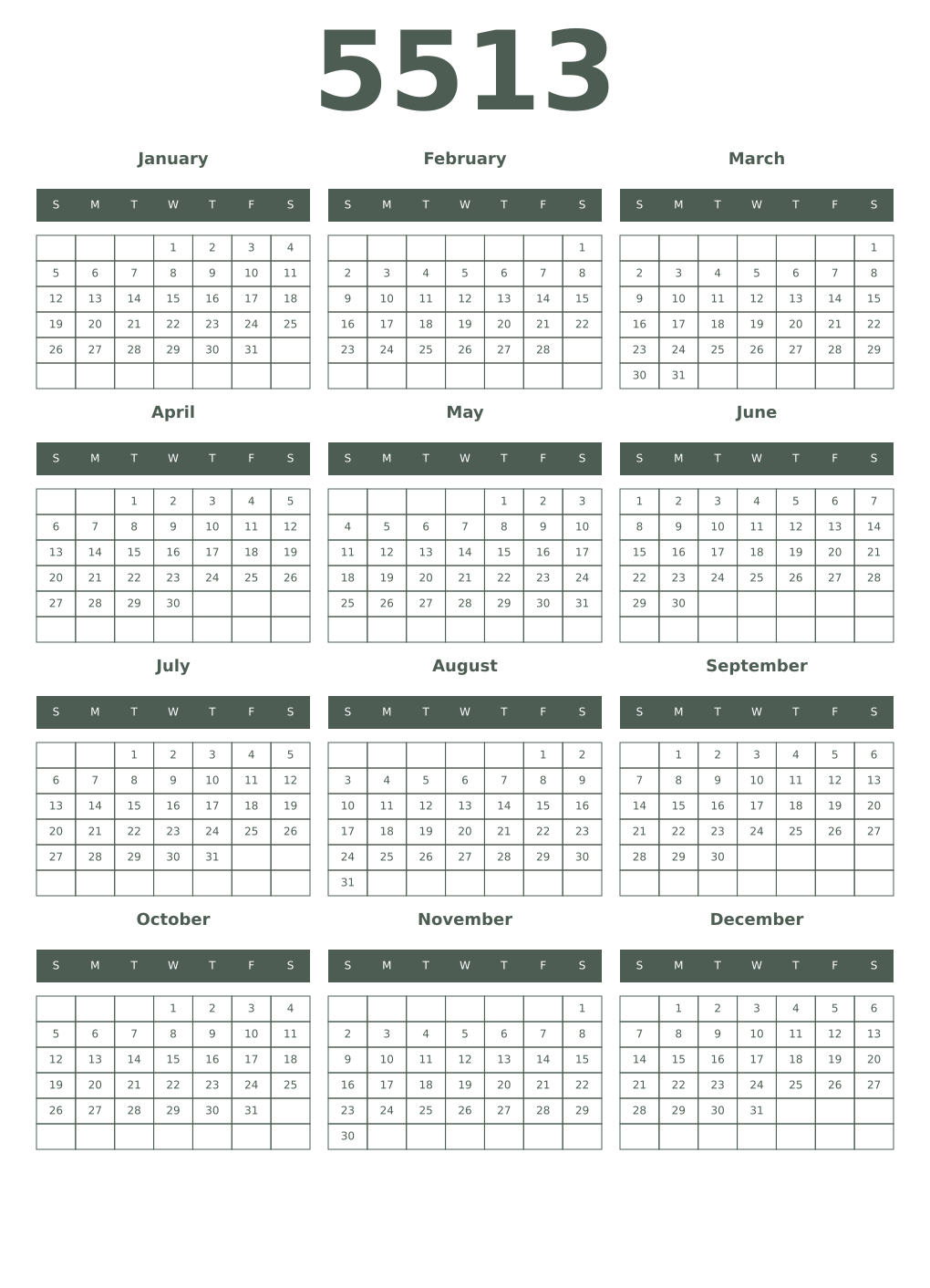 Printable 5513 Year Calendars feldgrau