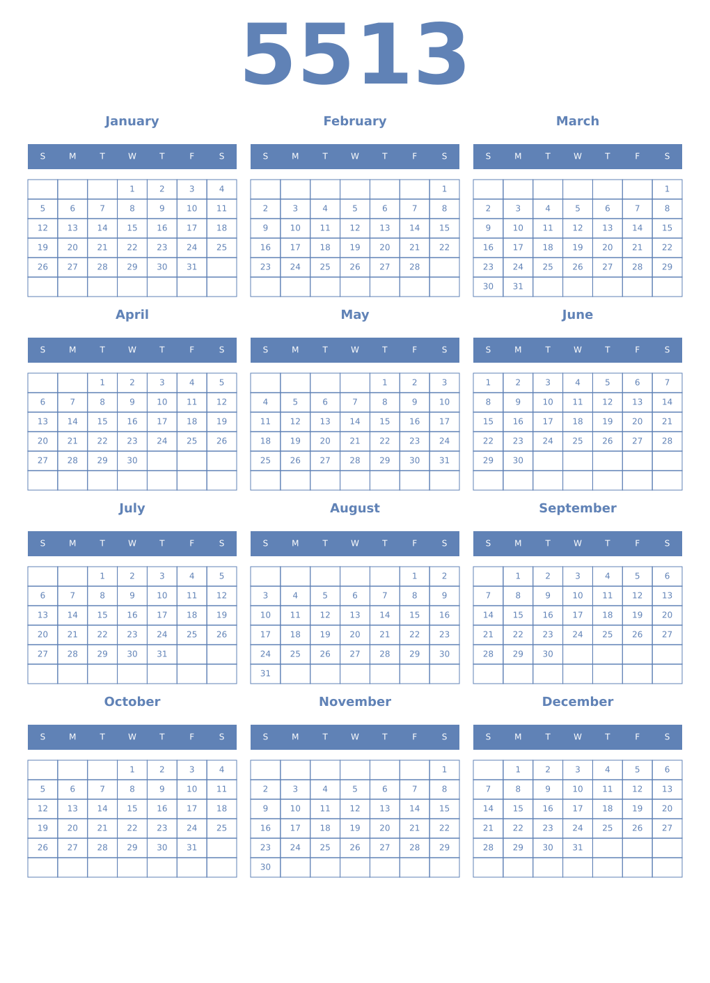 Printable 5513 Year Calendars glaucous