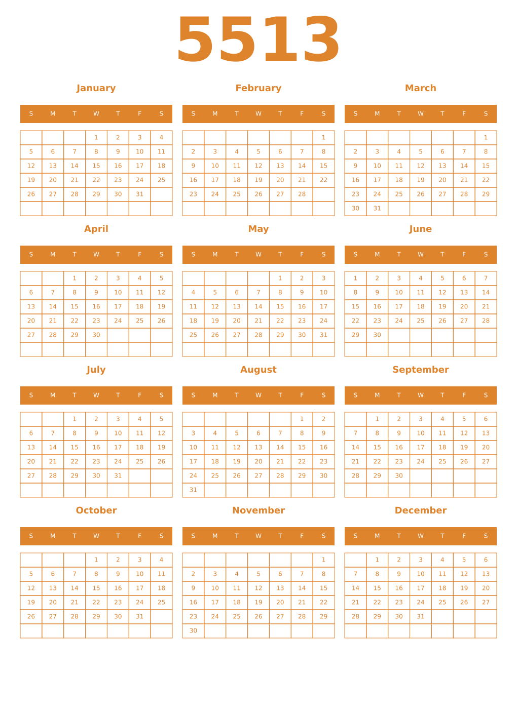 Printable 5513 Year Calendars orange