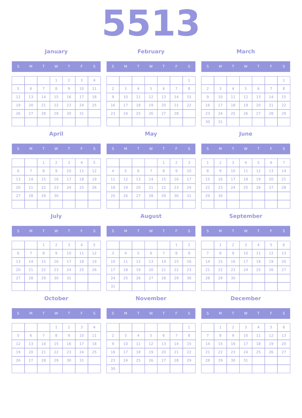 Printable 5513 Year Calendars periwinkle