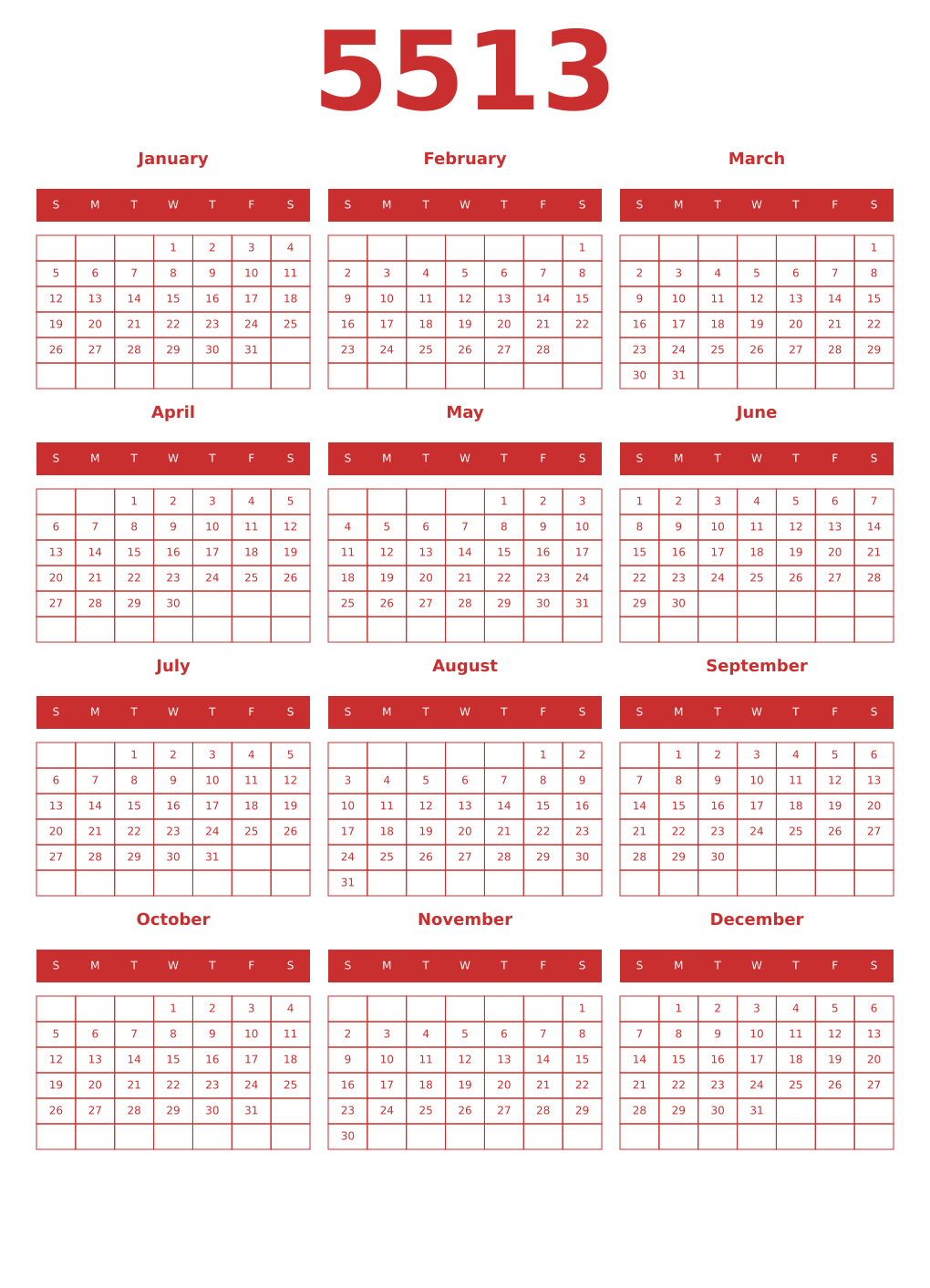Printable 5513 Year Calendars red