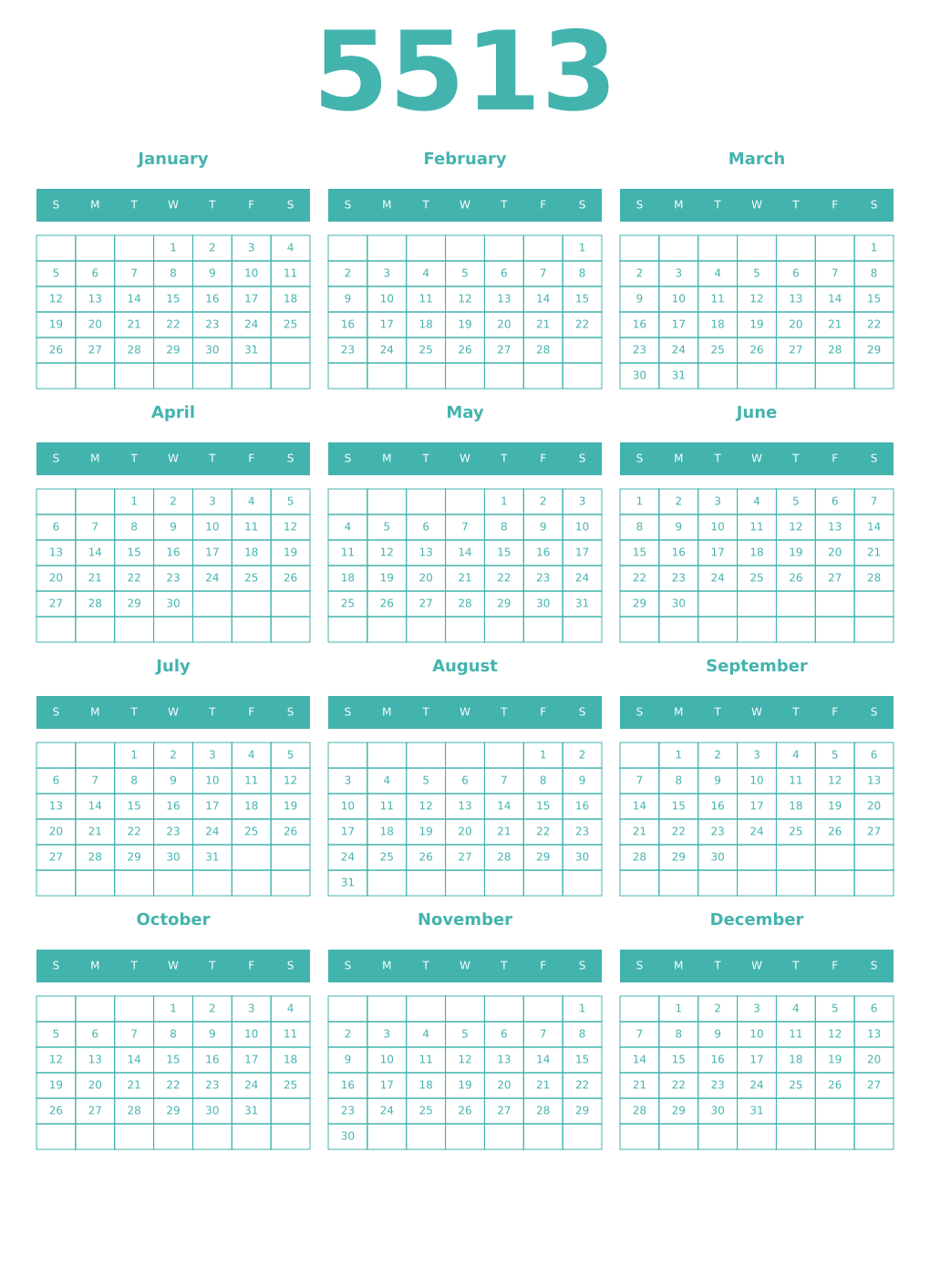 Printable 5513 Year Calendars verdigris