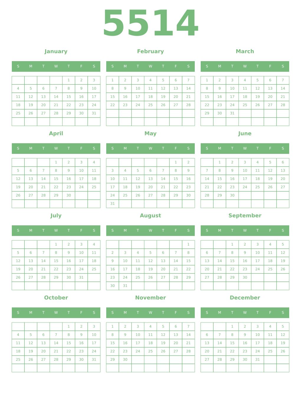 Printable 5514 Year Calendars celadon
