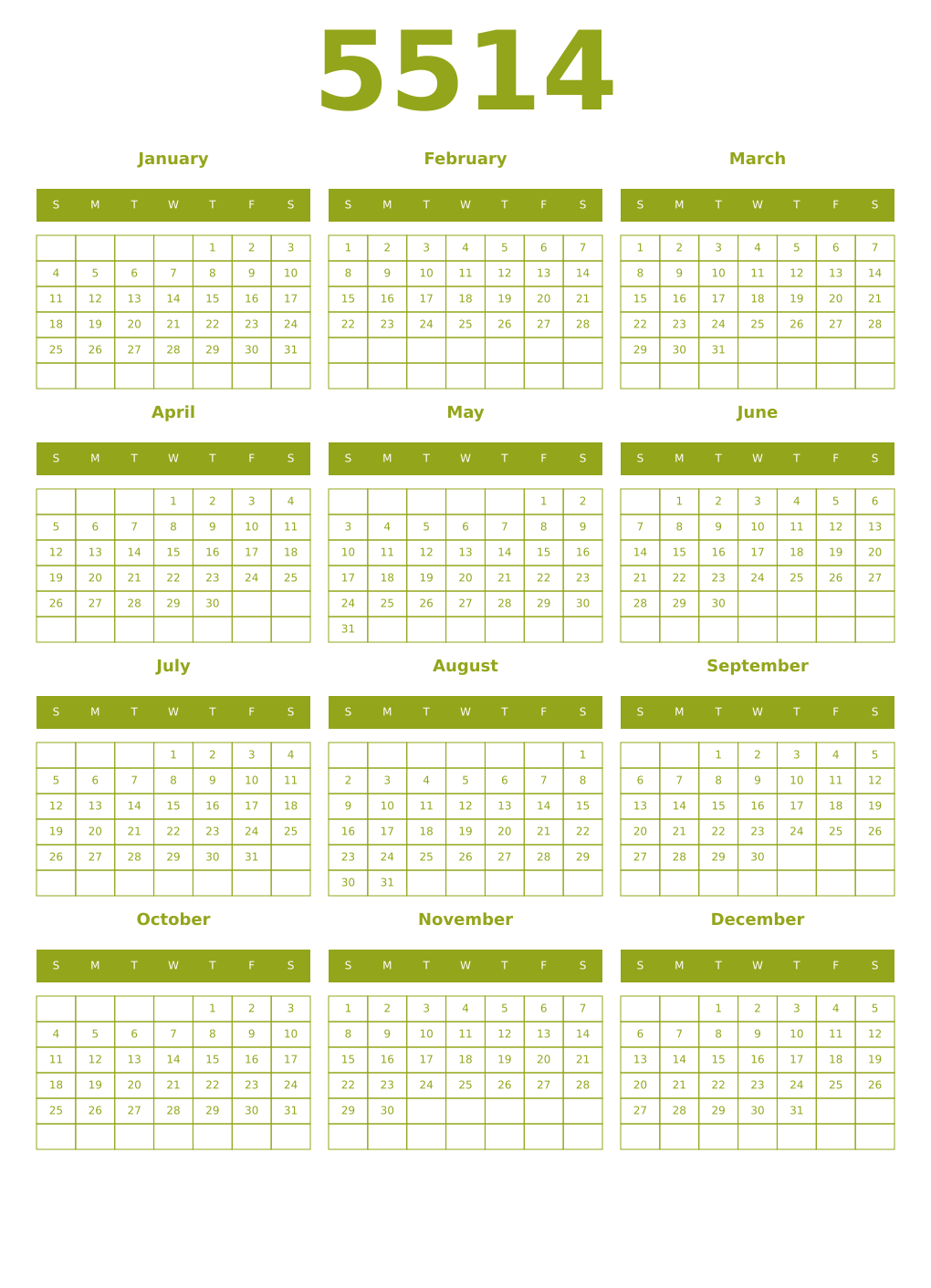 Printable 5514 Year Calendars chartreuse