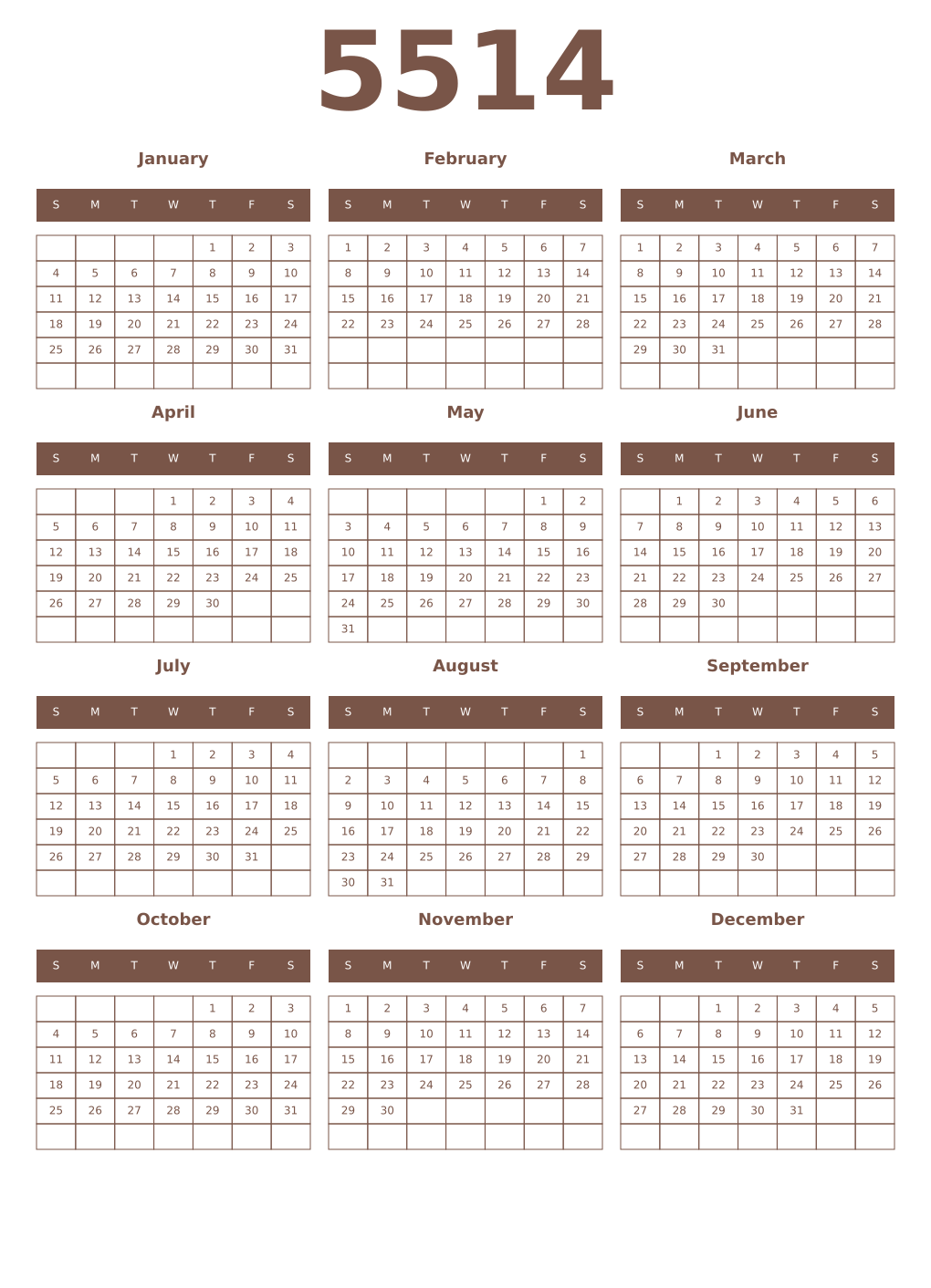 Printable 5514 Year Calendars coffe