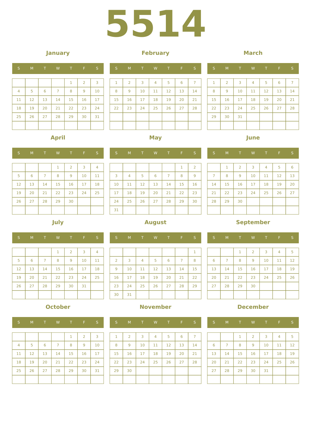 Printable 5514 Year Calendars eburnean