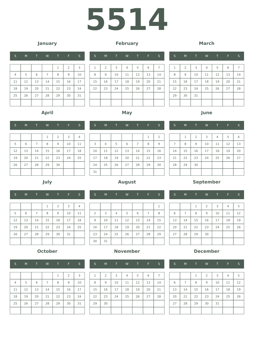 Printable 5514 Year Calendars feldgrau