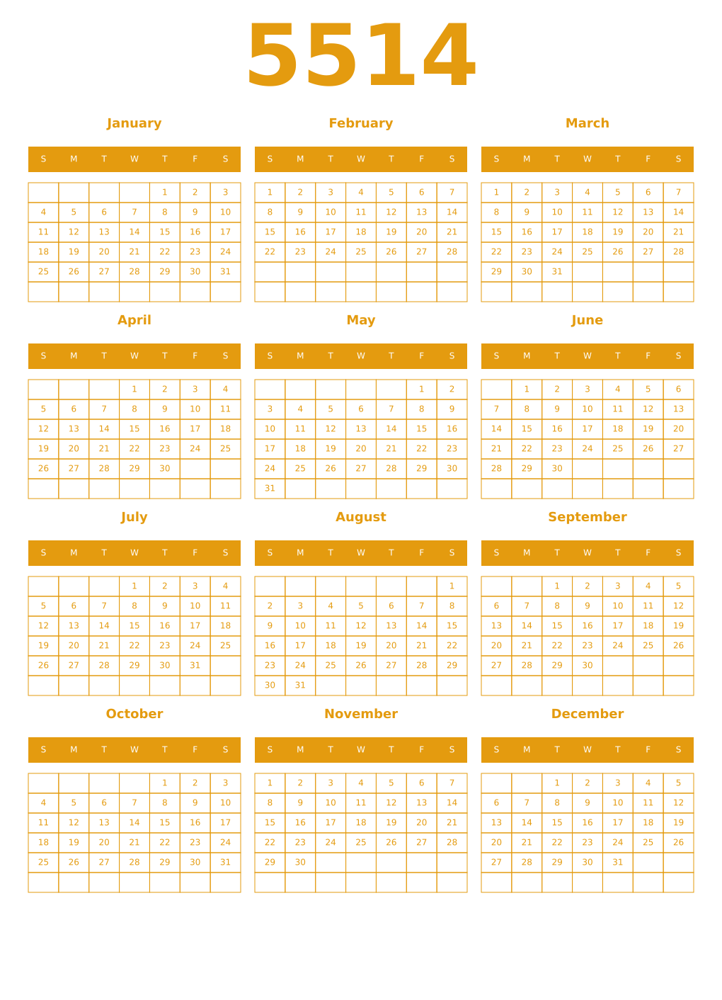 Printable 5514 Year Calendars gamboge