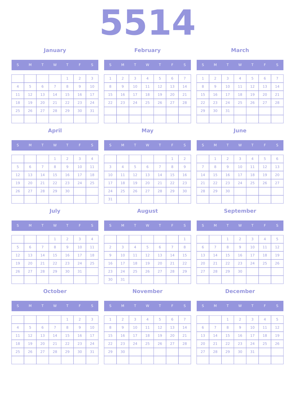 Printable 5514 Year Calendars periwinkle