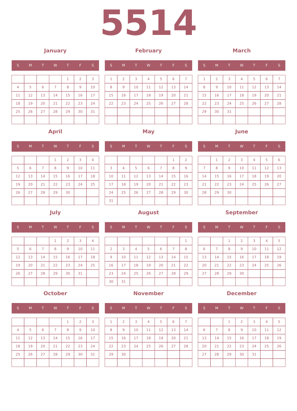 Printable 5514 Year Calendars puce