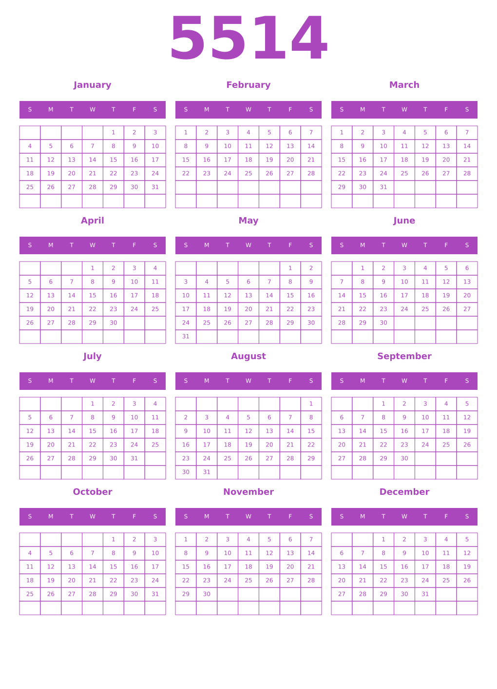 Printable 5514 Year Calendars purple