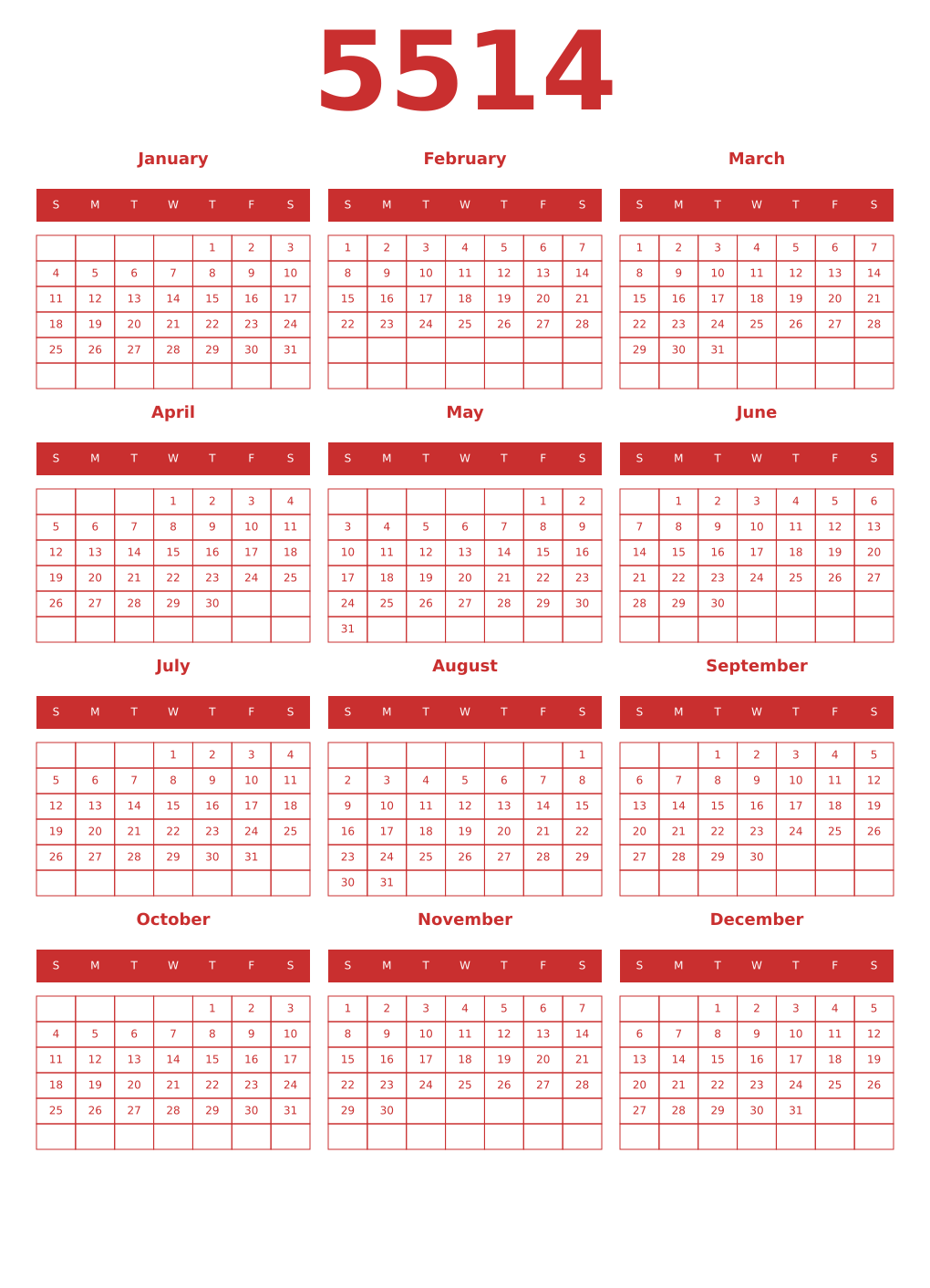 Printable 5514 Year Calendars red