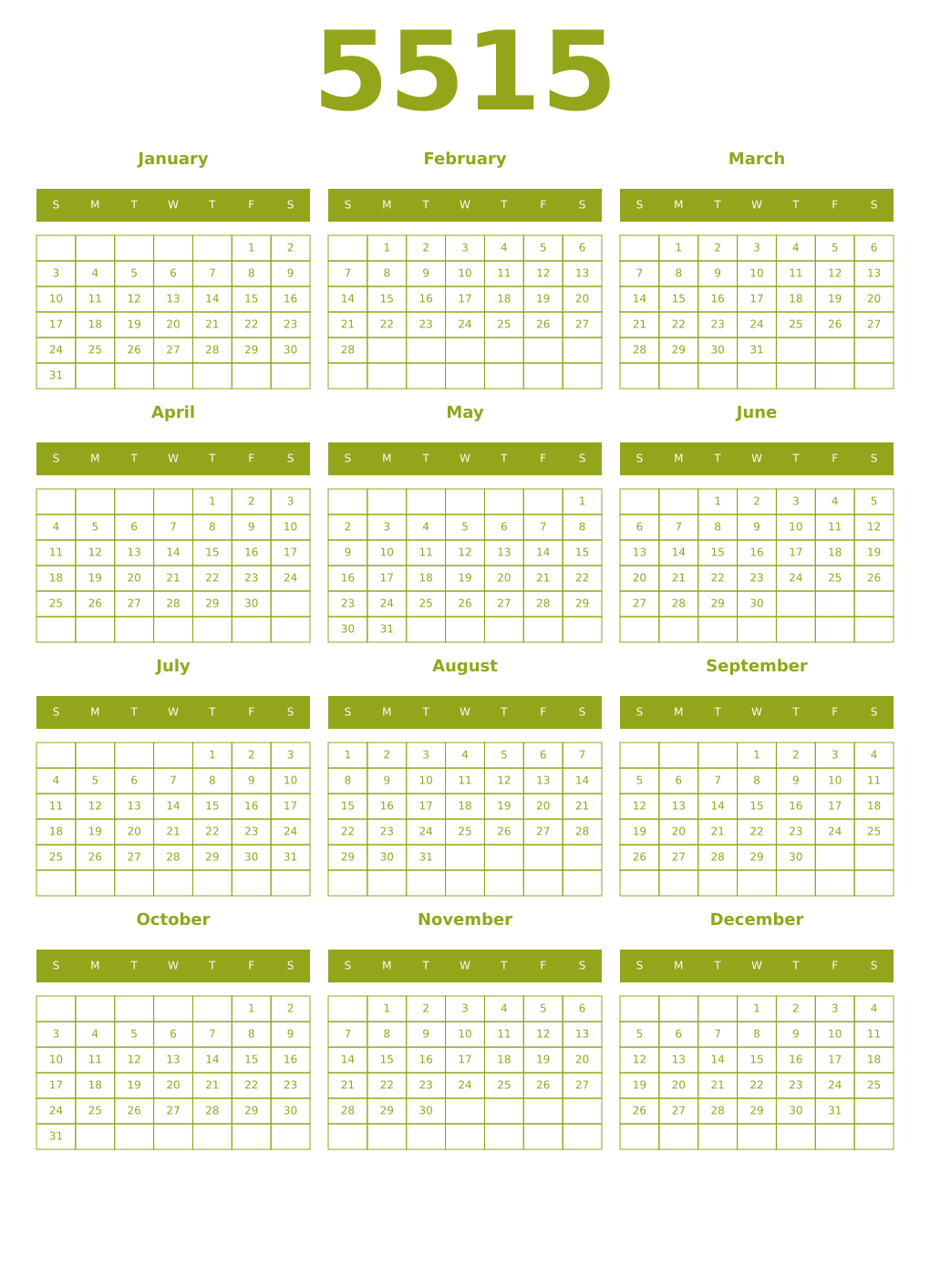 Printable 5515 Year Calendars chartreuse