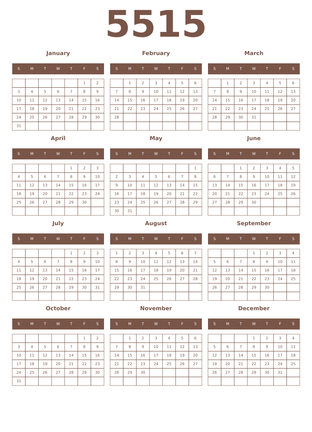 Printable 5515 Year Calendars coffe