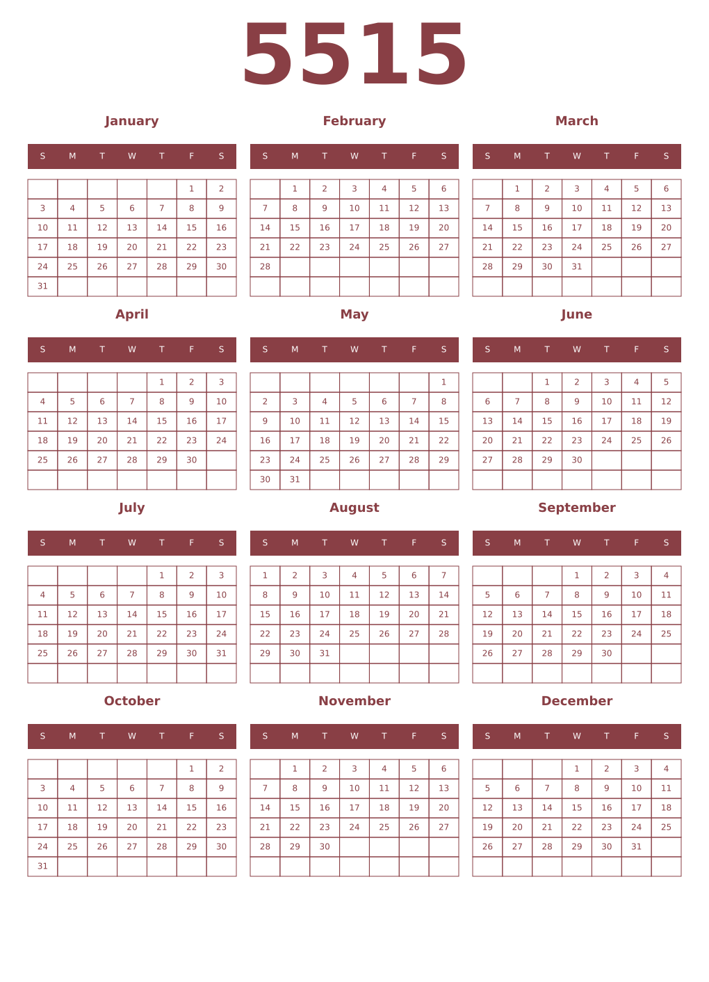 Printable 5515 Year Calendars cordovan