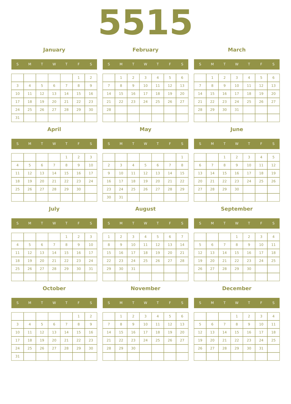 Printable 5515 Year Calendars eburnean