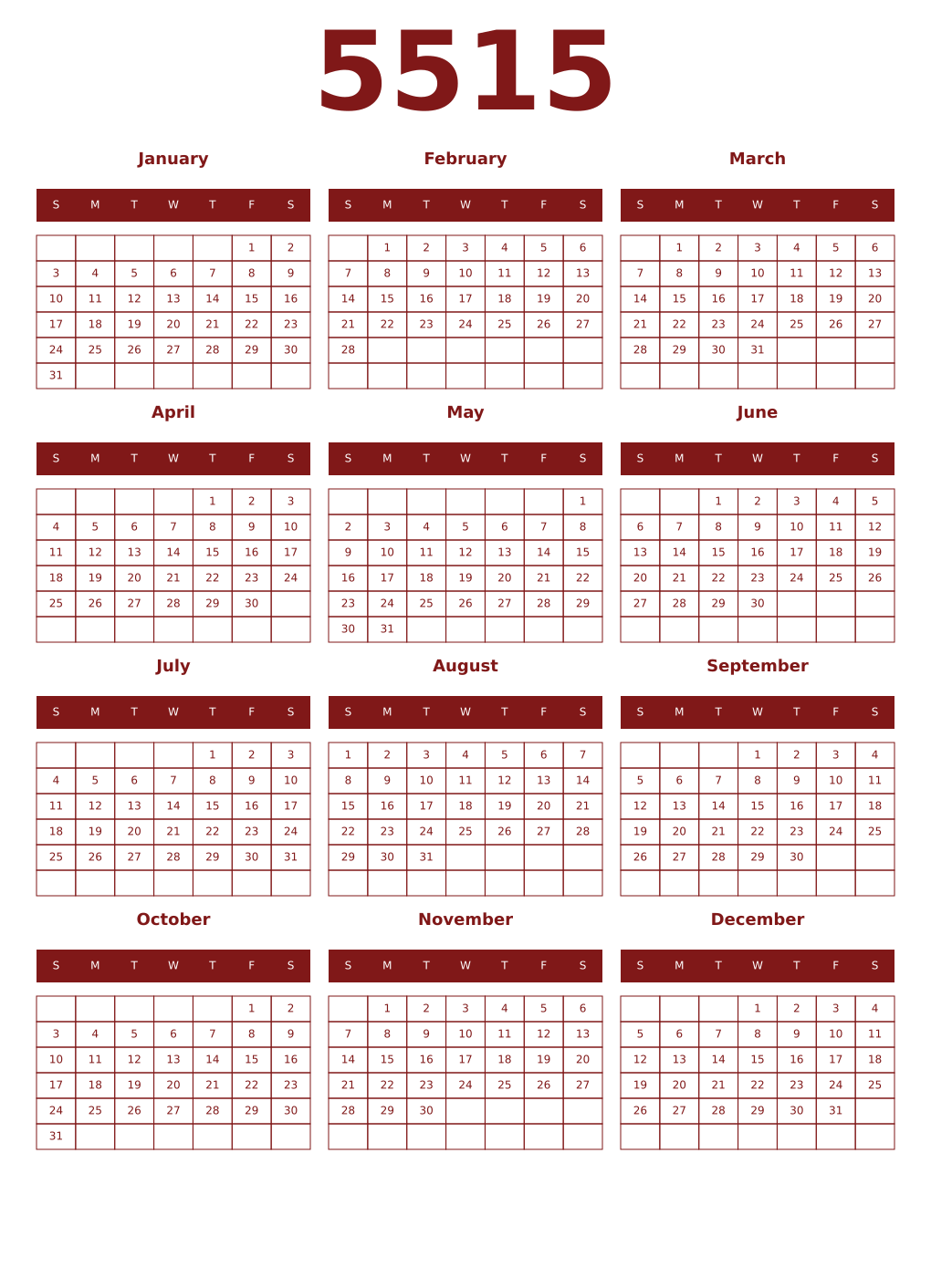 Printable 5515 Year Calendars falu