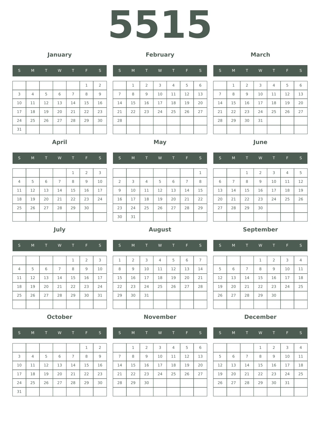 Printable 5515 Year Calendars feldgrau