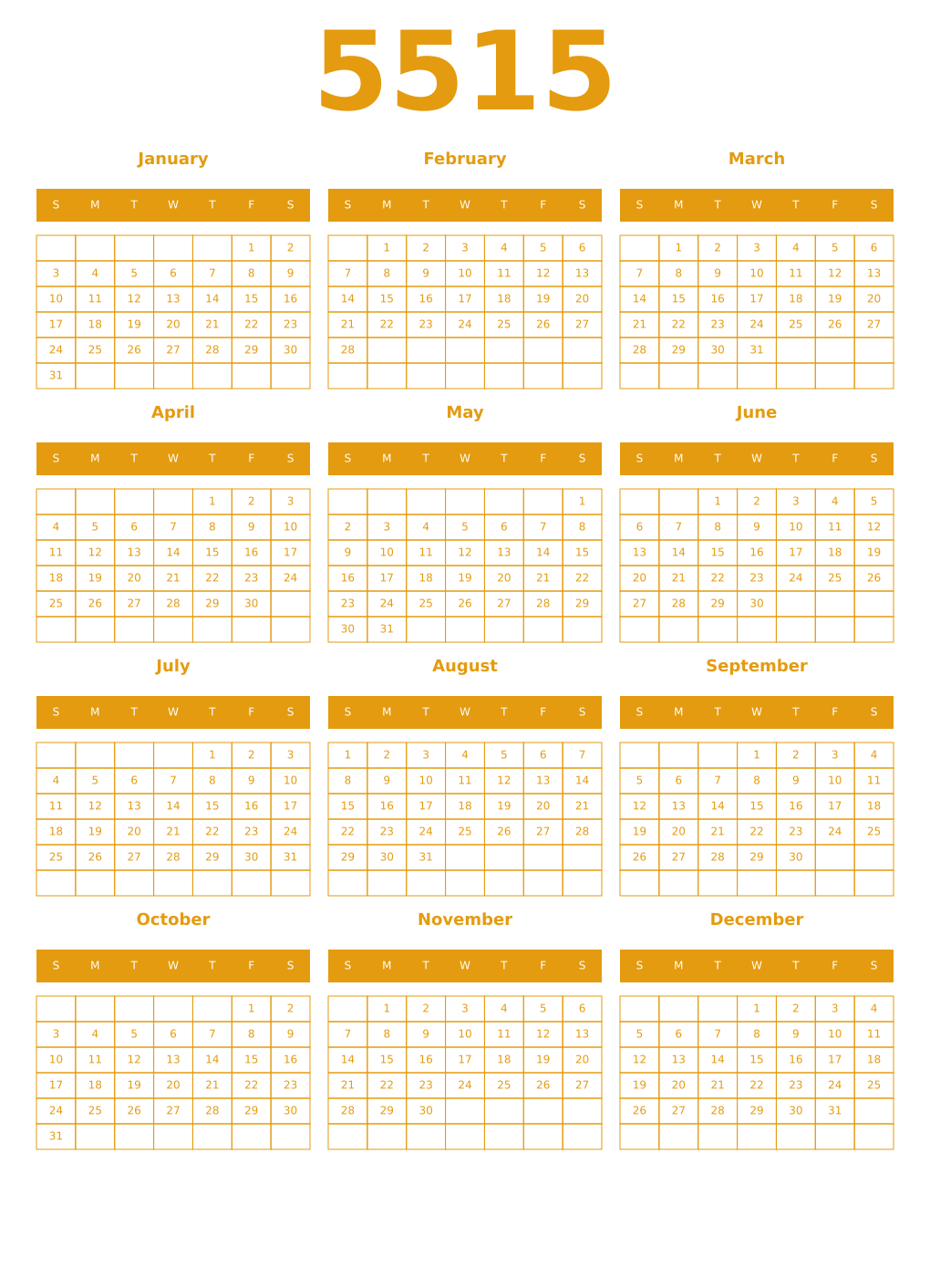 Printable 5515 Year Calendars gamboge