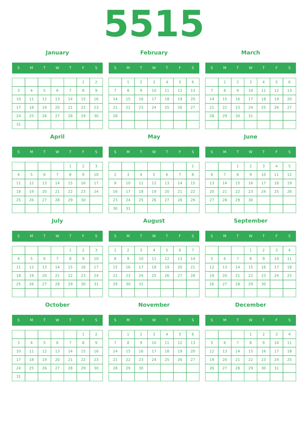 Printable 5515 Year Calendars green