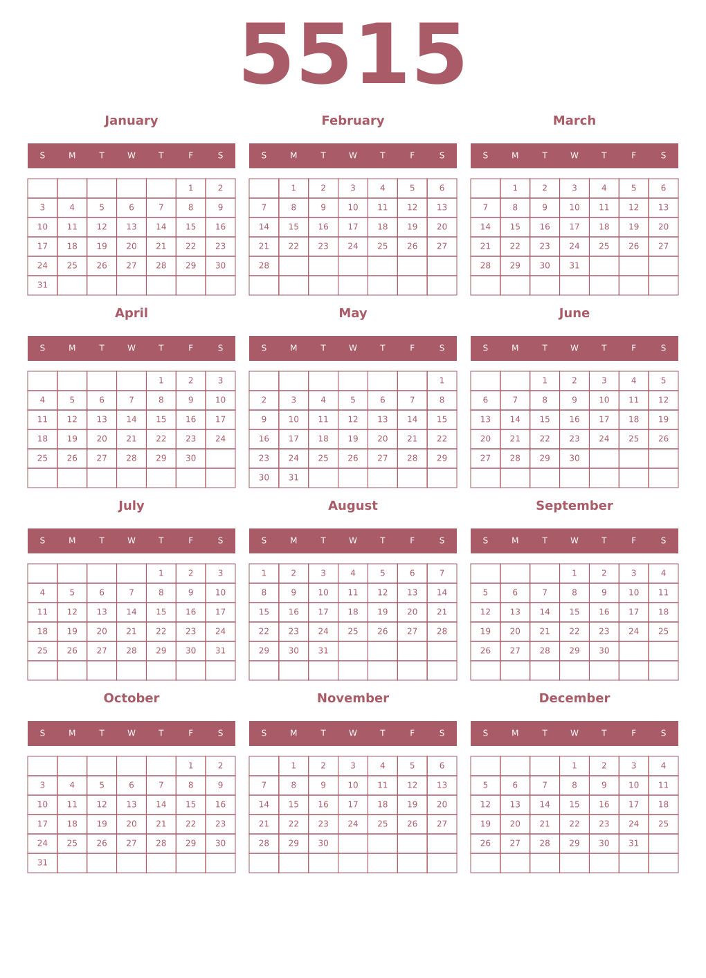 Printable 5515 Year Calendars puce