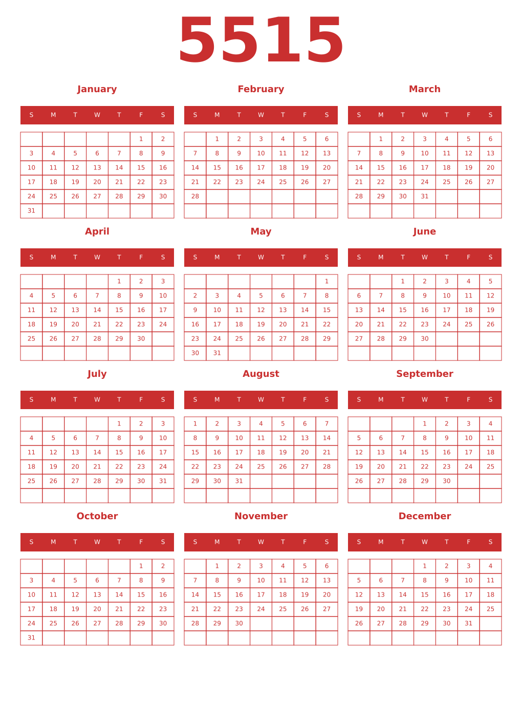 Printable 5515 Year Calendars red