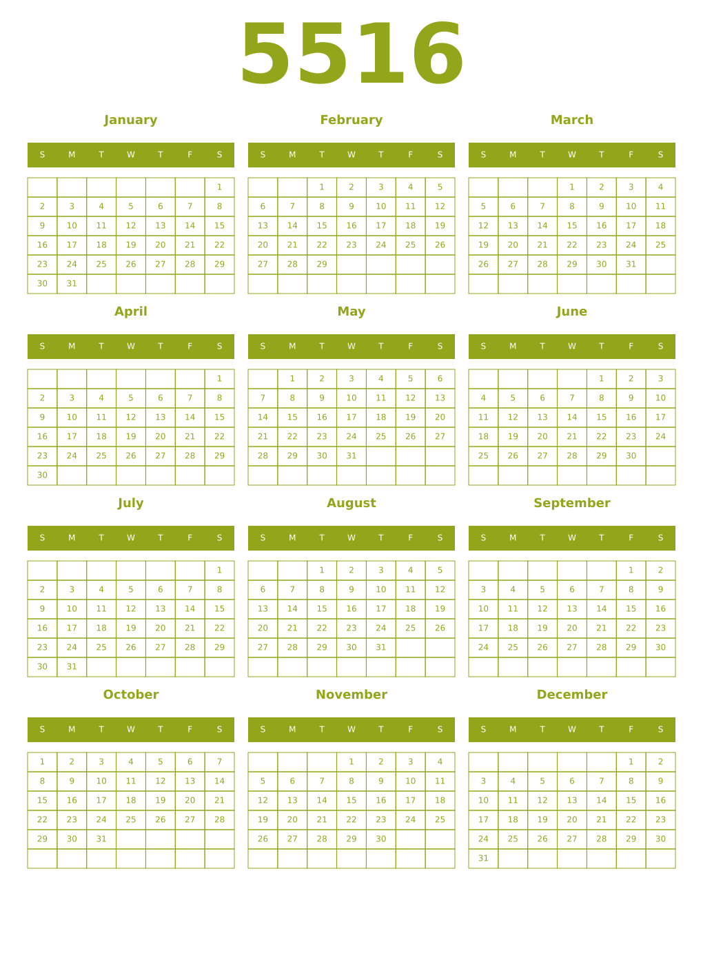 Printable 5516 Year Calendars chartreuse