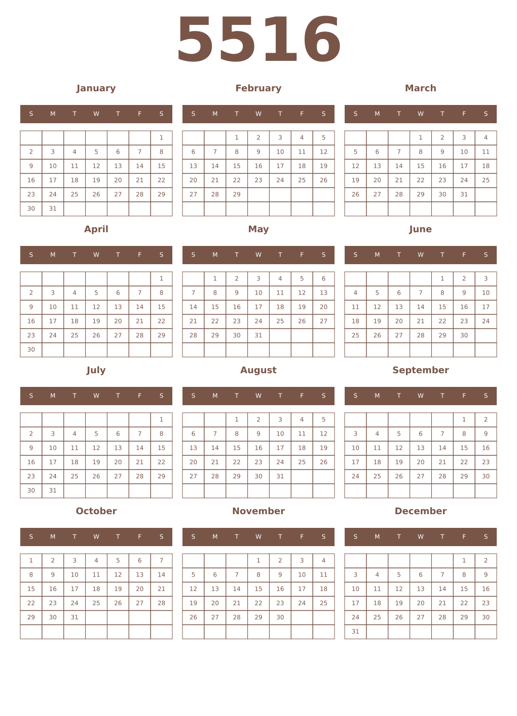 Printable 5516 Year Calendars coffe