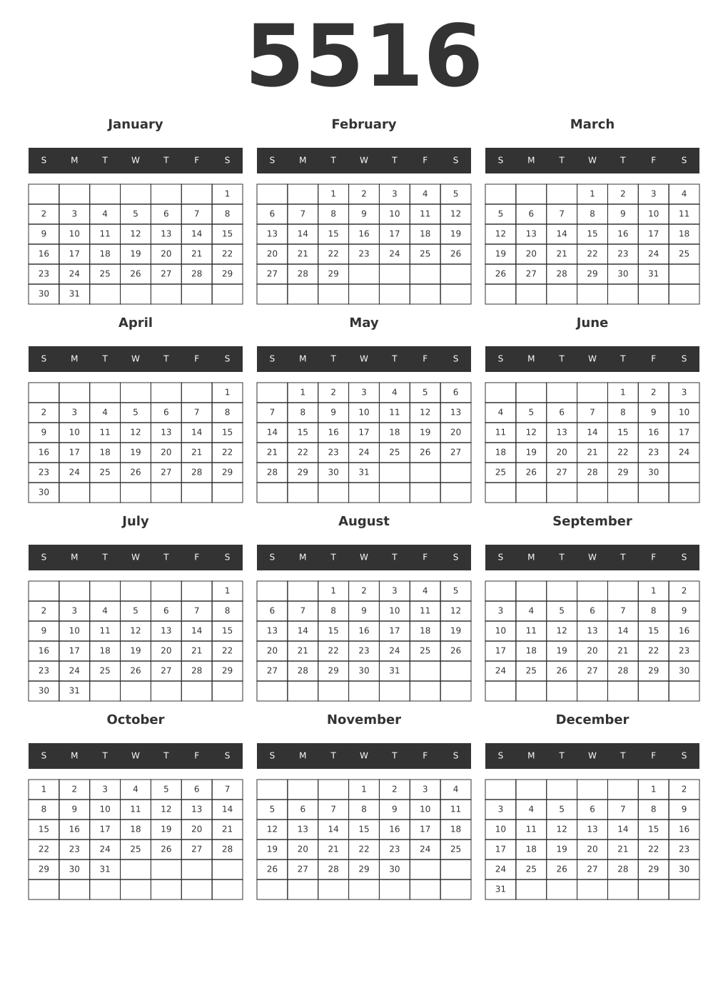Printable 5516 Year Calendars dark