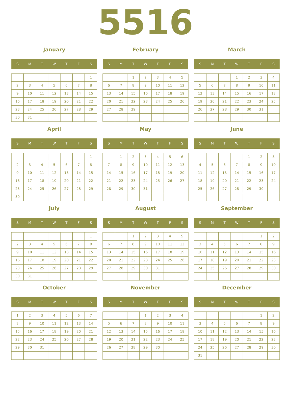 Printable 5516 Year Calendars eburnean