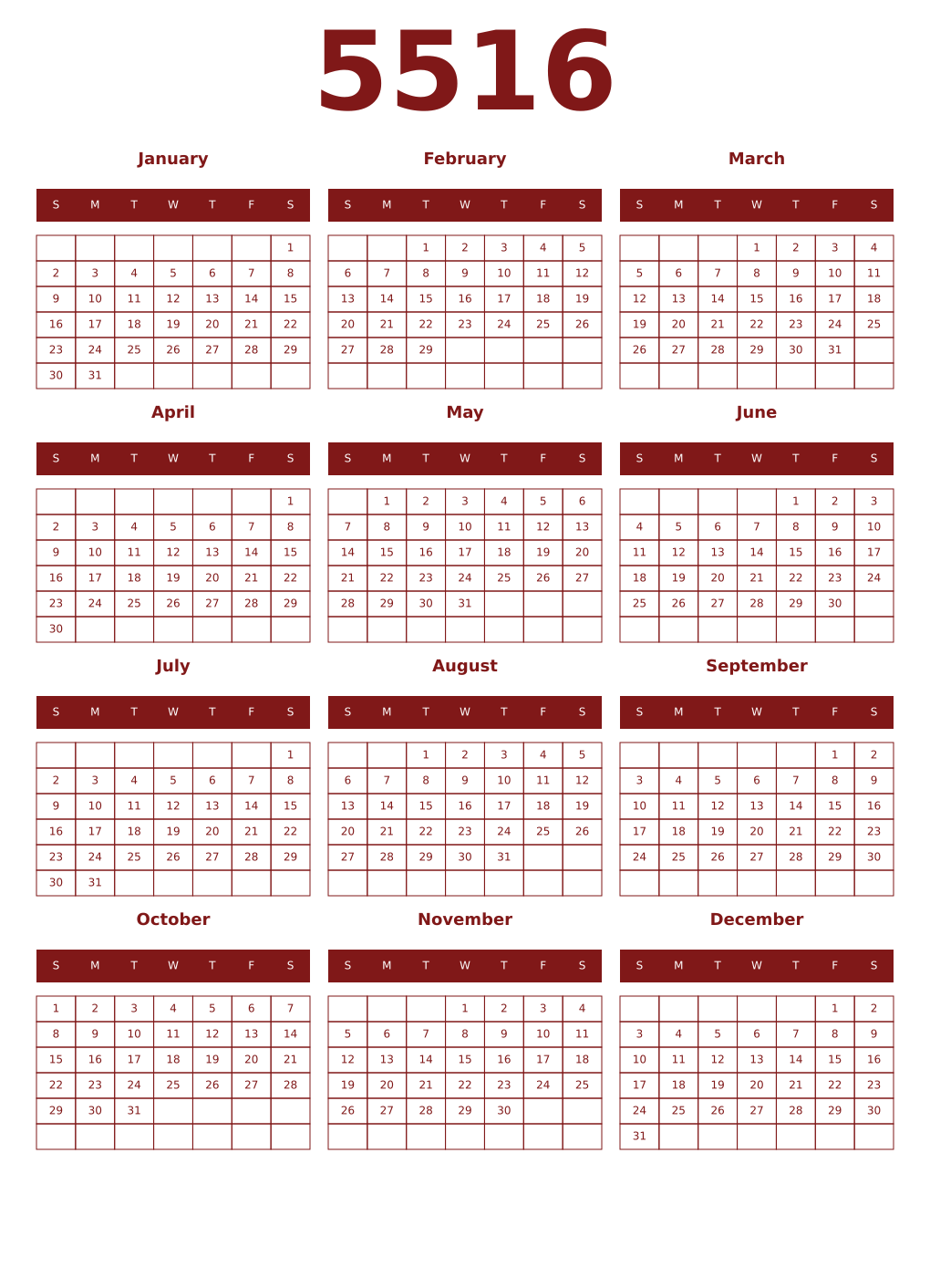 Printable 5516 Year Calendars falu