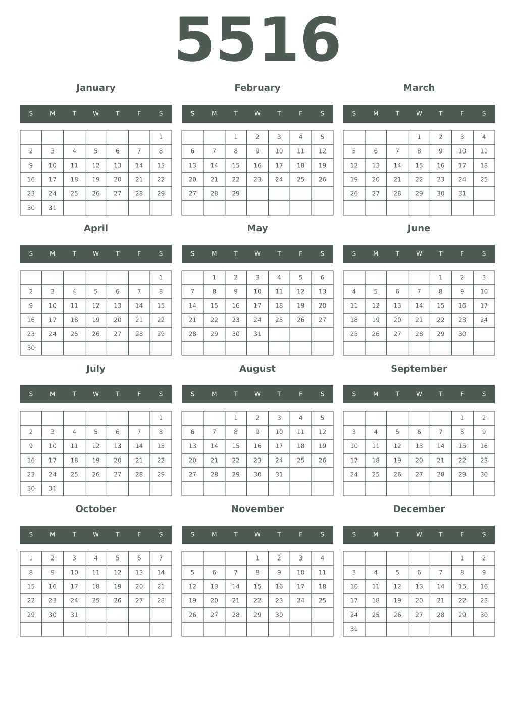 Printable 5516 Year Calendars feldgrau