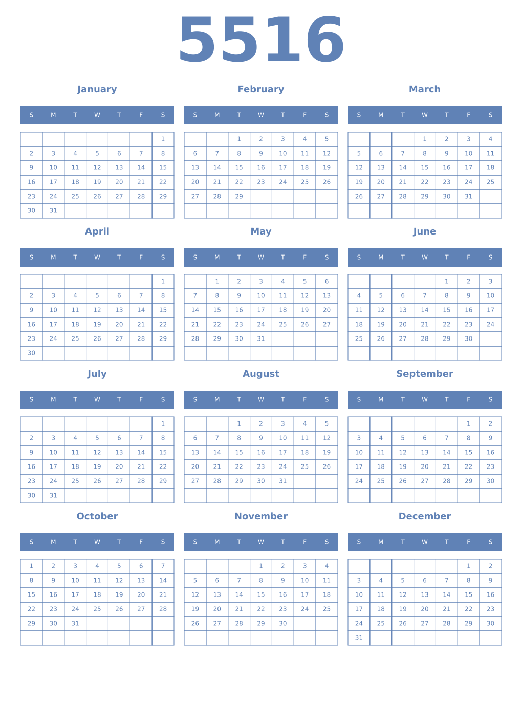 Printable 5516 Year Calendars glaucous