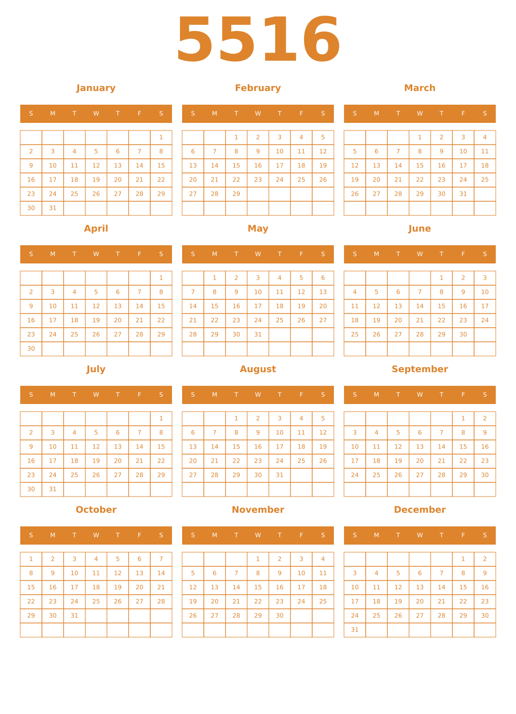 Printable 5516 Year Calendars orange