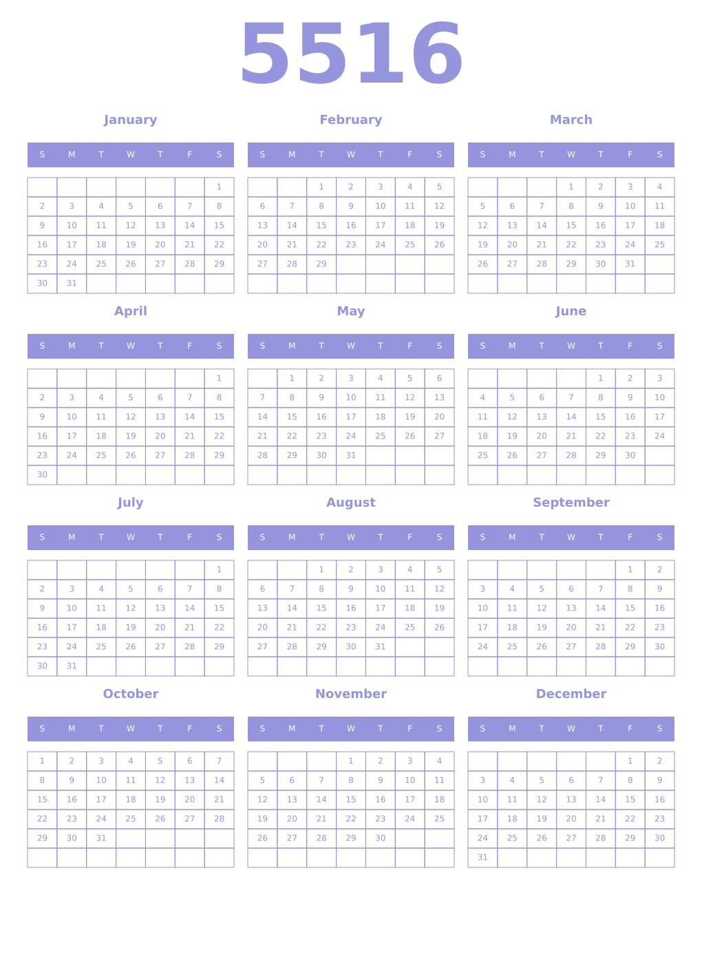 Printable 5516 Year Calendars periwinkle
