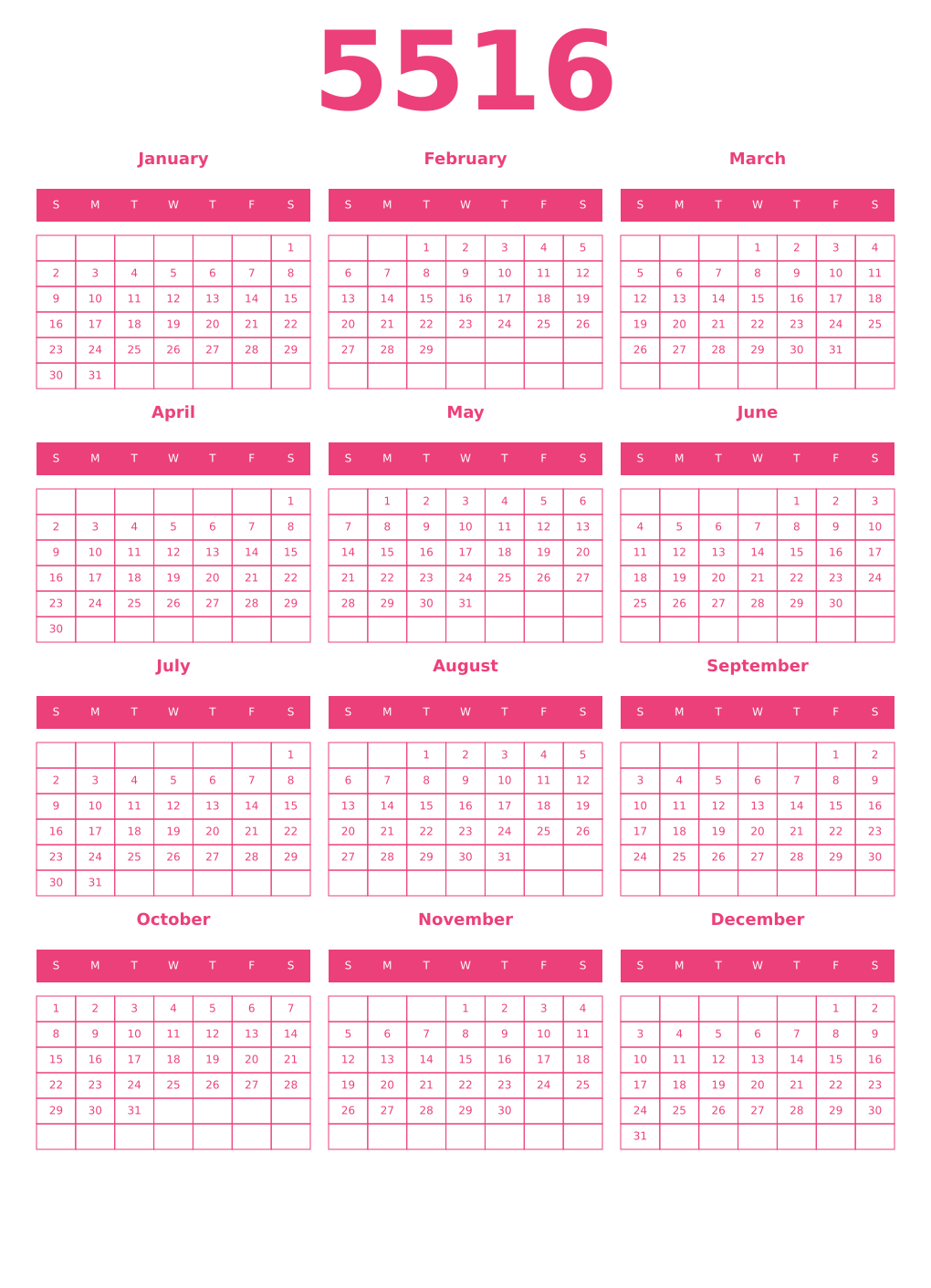 Printable 5516 Year Calendars pink