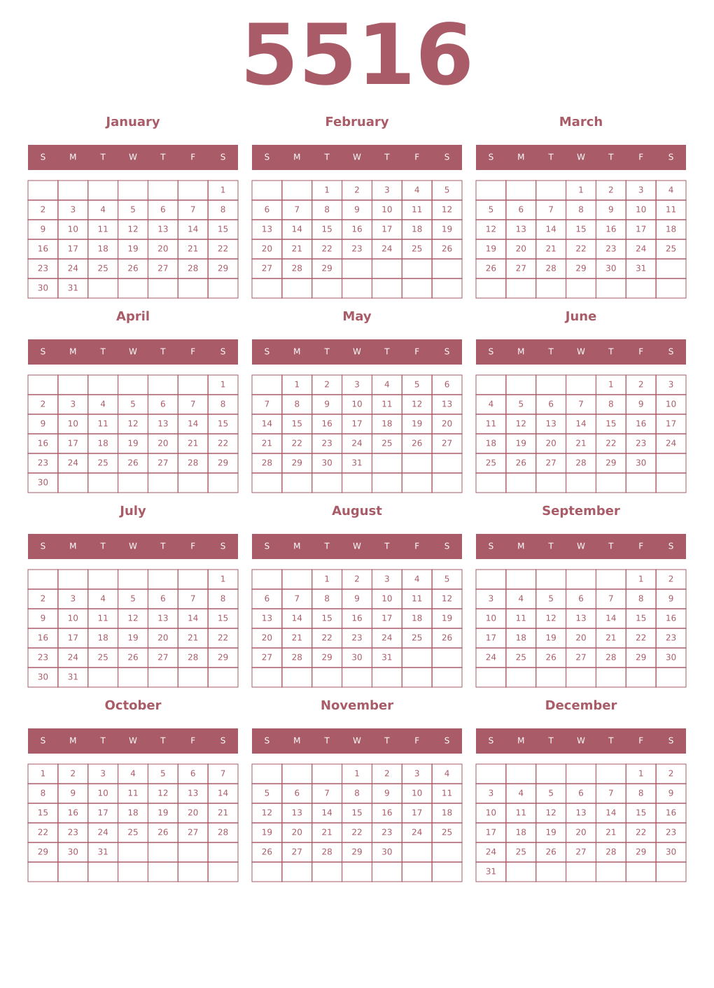 Printable 5516 Year Calendars puce