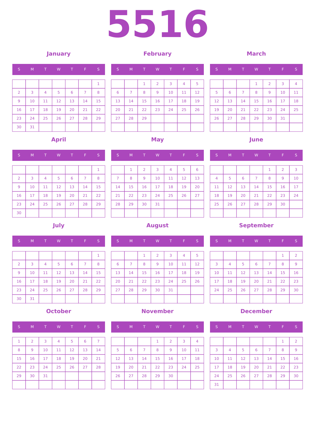 Printable 5516 Year Calendars purple